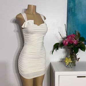 REVOLVE White Ruched Mini Dress with Bow-Strap Detail